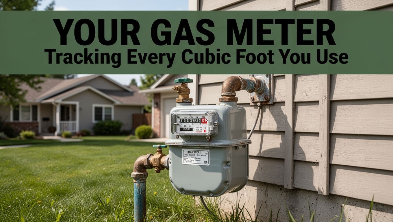 Close-up editorial illustration of a residential gas meter mounted on an exterior suburban house wall with service pipe connection and green lawn foreground, prominently featuring the meter dial and shutoff valve in bright daylight with realistic textures. Muted dark-green horizontal headline band at top displays 'Your Gas Meter' in bold geometric sans-serif typography.