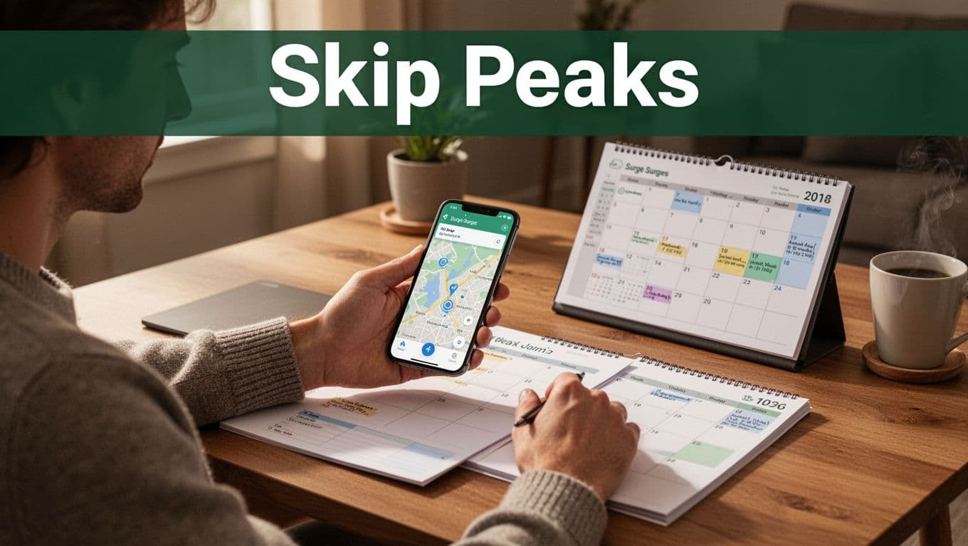 Relaxed person at home desk checks smartphone app for low surge times while planning off-peak activities with calendar in cozy morning-lit room. Muted dark-green top band features bold 'Skip Peaks' headline.