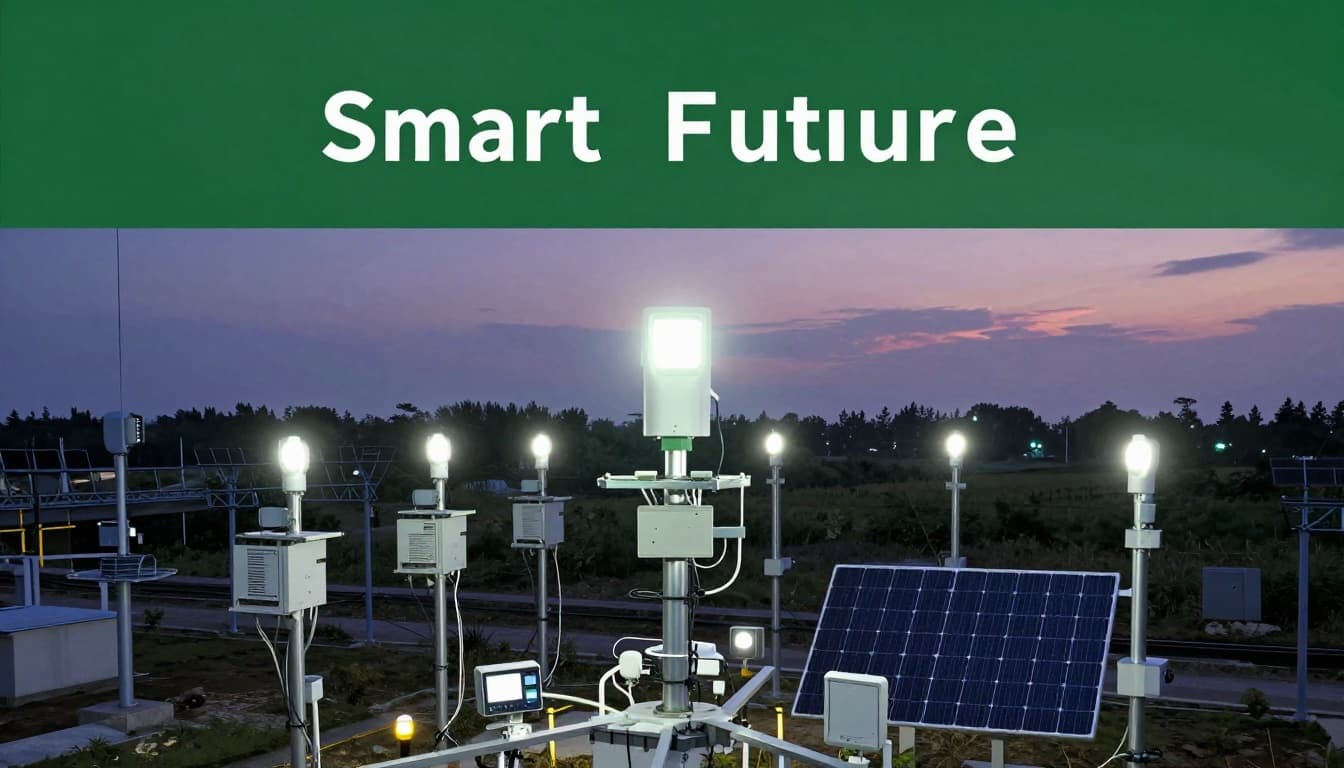 Modern smart substation at dusk with glowing sensors, digital monitors, and renewable solar panel integration in a high-tech landscape.