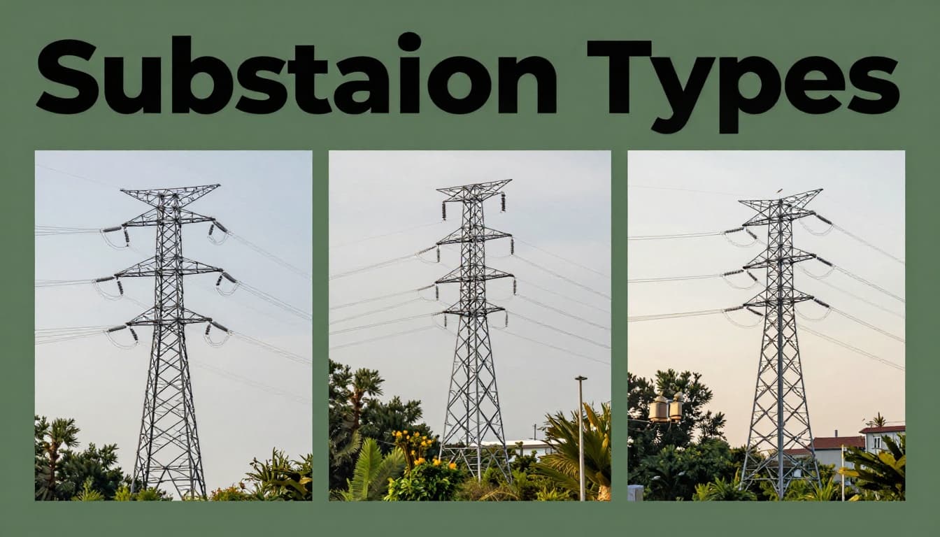 Editorial collage comparing three substation types: transmission tower-heavy, distribution pole-mounted, and compact urban, side-by-side with natural outdoor lighting.