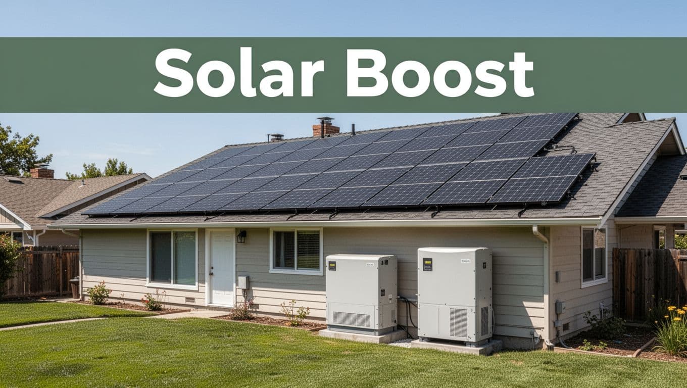 Realistic ground-level photo of a sunny suburban US home rooftop fitted with black solar panels, inverter and battery storage unit beside the house on green lawn under clear sky, with bold 'Solar Boost' headline on dark-green band at top.