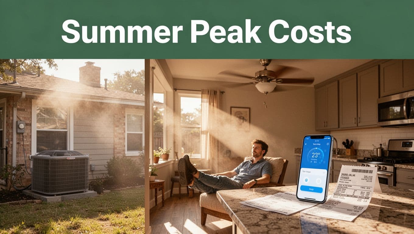 Photorealistic depiction of a sweltering Texas home in summer heat haze, featuring an outdoor AC unit, indoor ceiling fan, a relaxed person scheduling a smart thermostat on their phone, and a bill on the kitchen counter under bright sunlight. Topped with a muted dark-green band displaying the bold headline 'Summer Peak Costs'.