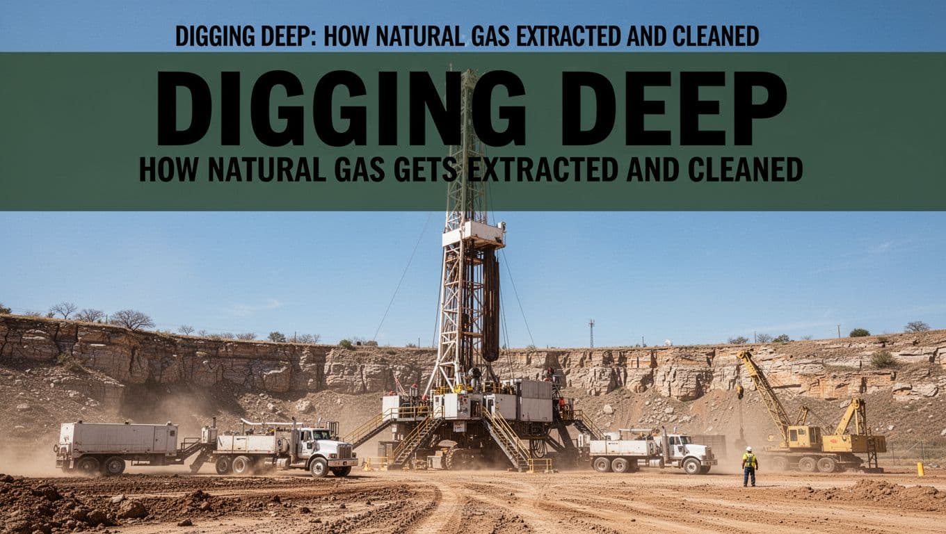 A massive drilling rig pierces deep into a rocky shale formation in a Texas oil field under a clear blue sky, featuring a wide landscape view with derrick tower, equipment trucks on dusty ground, and one distant worker in bold editorial illustration style.