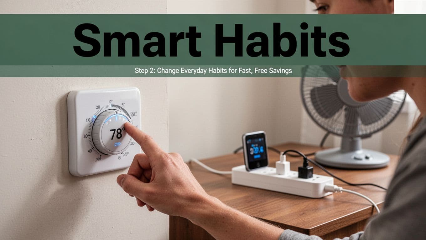 Close-up of a hand adjusting a thermostat to 78°F in summer, with a smart power strip unplugging electronics on a table in the background and a fan in the room. Bold 'Smart Habits' headline in geometric sans-serif font on a muted dark-green band at the top.