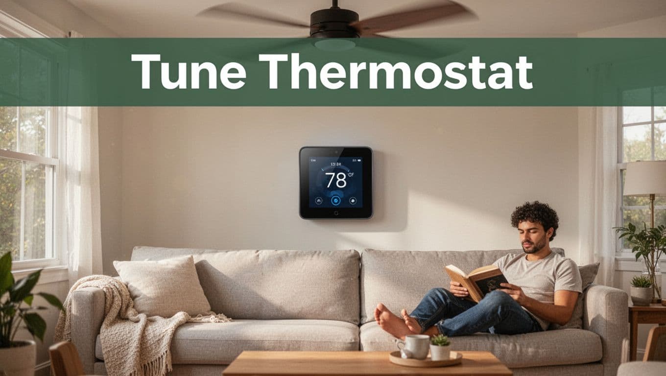 Cozy modern living room interior on a summer day, centered on a wall-mounted smart thermostat at 78F under a slowly turning ceiling fan above a comfortable couch, with natural light and one person reading in the background. Editorial style with bold 'Tune Thermostat' headline on a muted dark-green band.