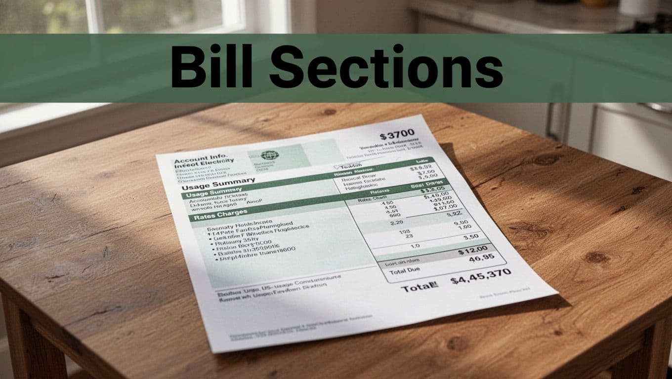 A photorealistic close-up of a generic US household electricity utility bill on a wooden kitchen table under natural light, displaying key sections like account info, usage summary, rates, charges, and total due without readable personal data or numbers, featuring a bold 'Bill Sections' headline on a dark-green band.