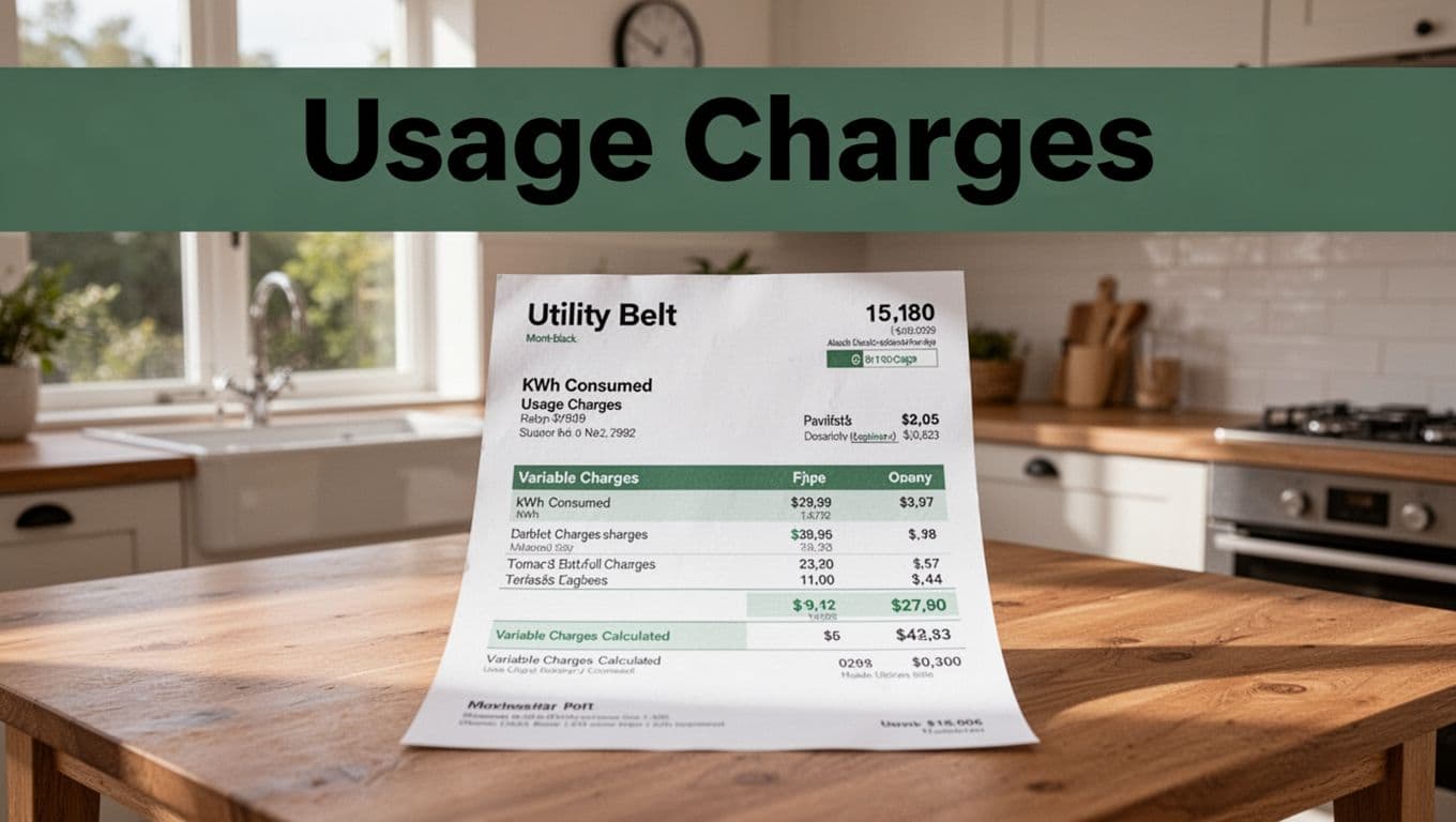 Photorealistic printed utility bill on a sunlit kitchen table showing kWh consumption and variable charges breakdown, with bold 'Usage Charges' headline on a dark-green band.