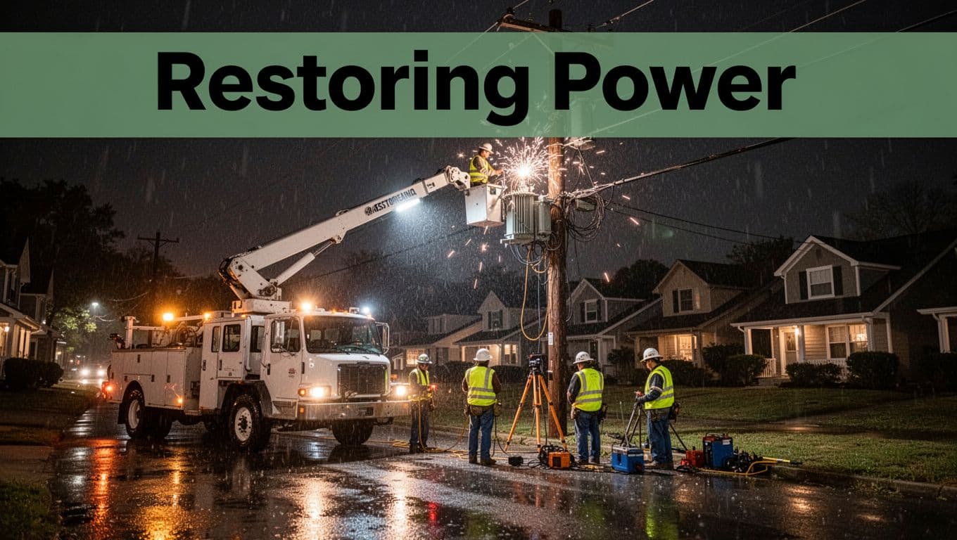 Utility workers in high-vis vests use a cherry picker truck to repair a sparking transformer on power lines at night in rainy conditions, with bright work lights illuminating wet streets and distant neighborhood houses starting to light up.