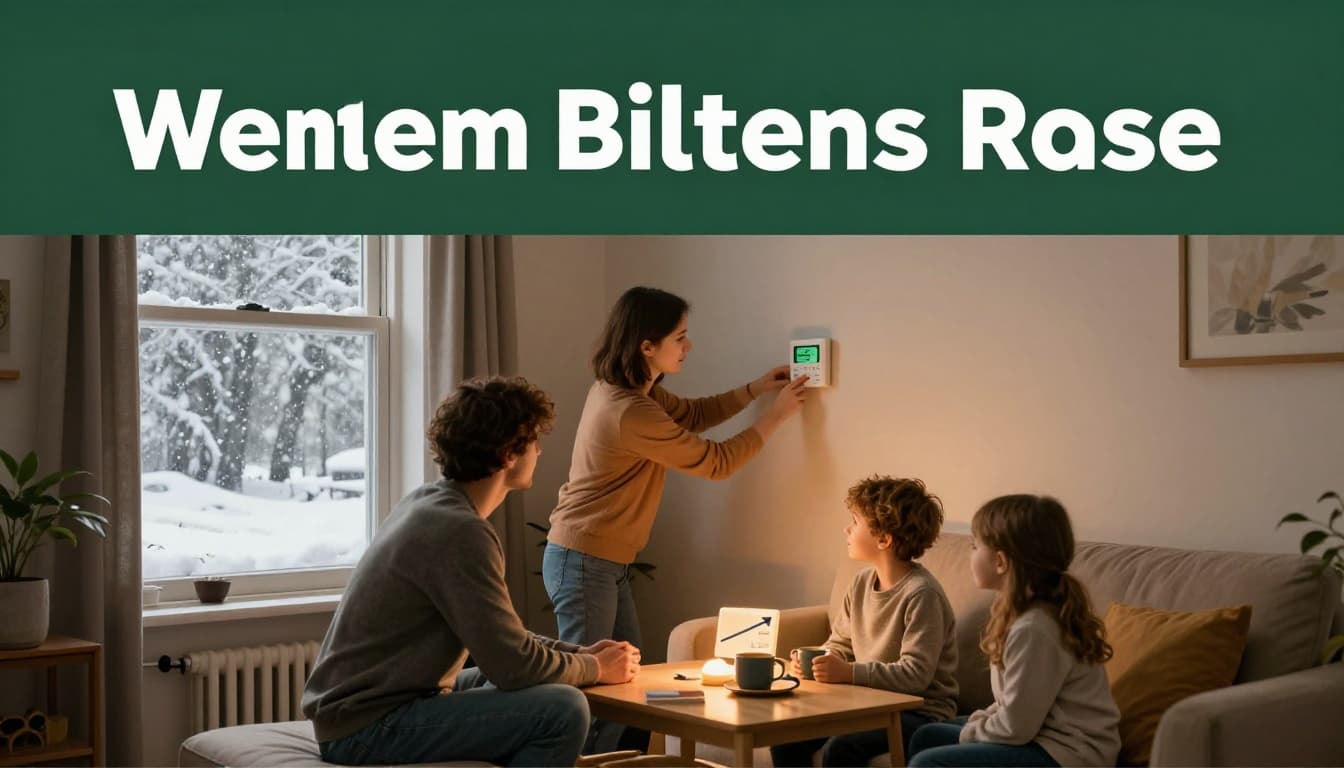Cozy living room during winter snowstorm with family of three adjusting thermostat, energy bill showing rising costs on coffee table, warm lamp light, realistic photo with muted tones and top dark-green banner headline.